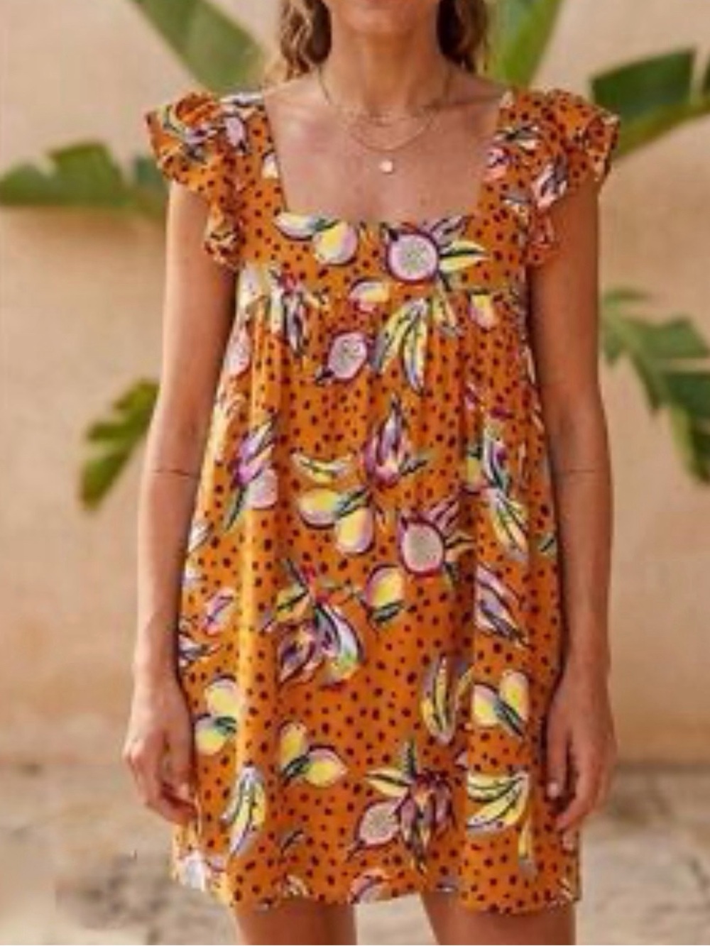 Kourt Women's Orange Fruit Print  Square-Neck Mini Dress with Flutter Sleeves - Picture 4 of 16